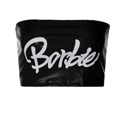 Borbie Barbie Faux Leather Printed Off-Shoulders Bandeau Top (7517938155608)