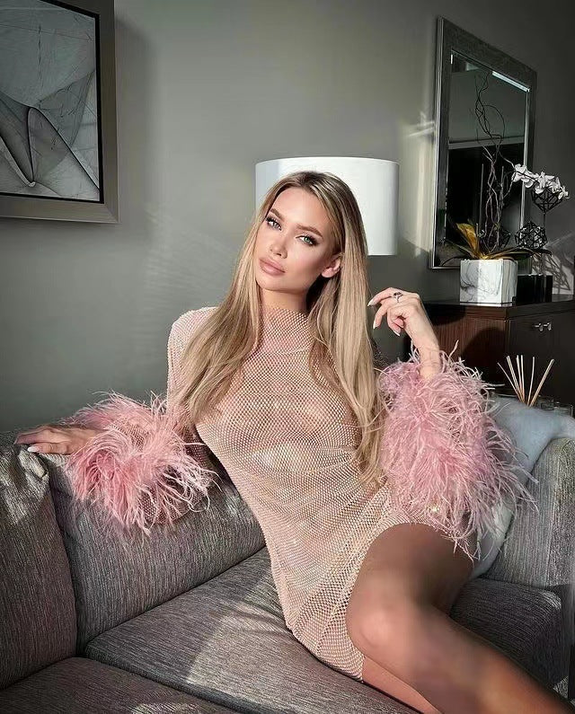 Furry Dress - Rhinestone Mesh Long Sleeves (7516662497368)