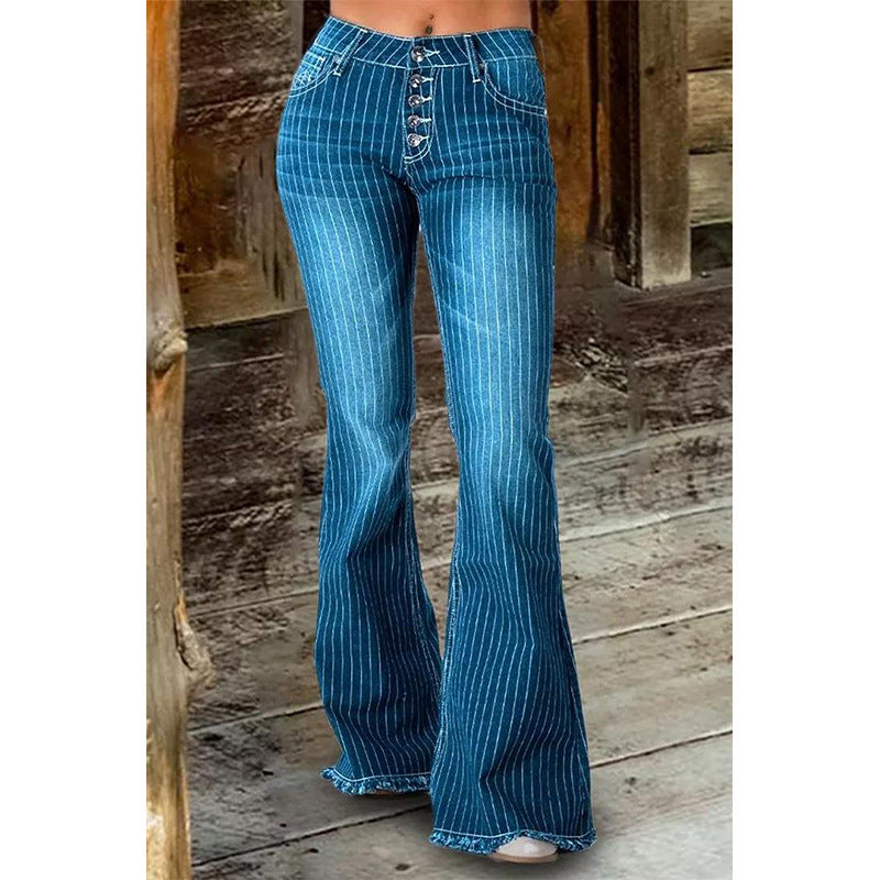 Pinstripes Mid-Waist Flared Denim Jeans