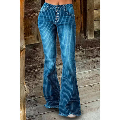 Pinstripes Mid-Waist Flared Denim Jeans