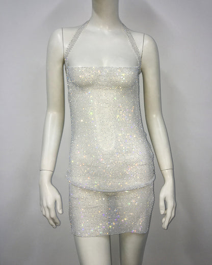 Rhinestones & Fishnet - Fishnet Rhinestone Halter Neck Slit-Tight Dress (7516659351640)