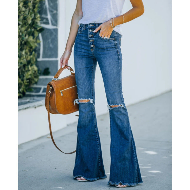 Dark Color Mid-Waist Skinny Wide Leg Denim Jeans