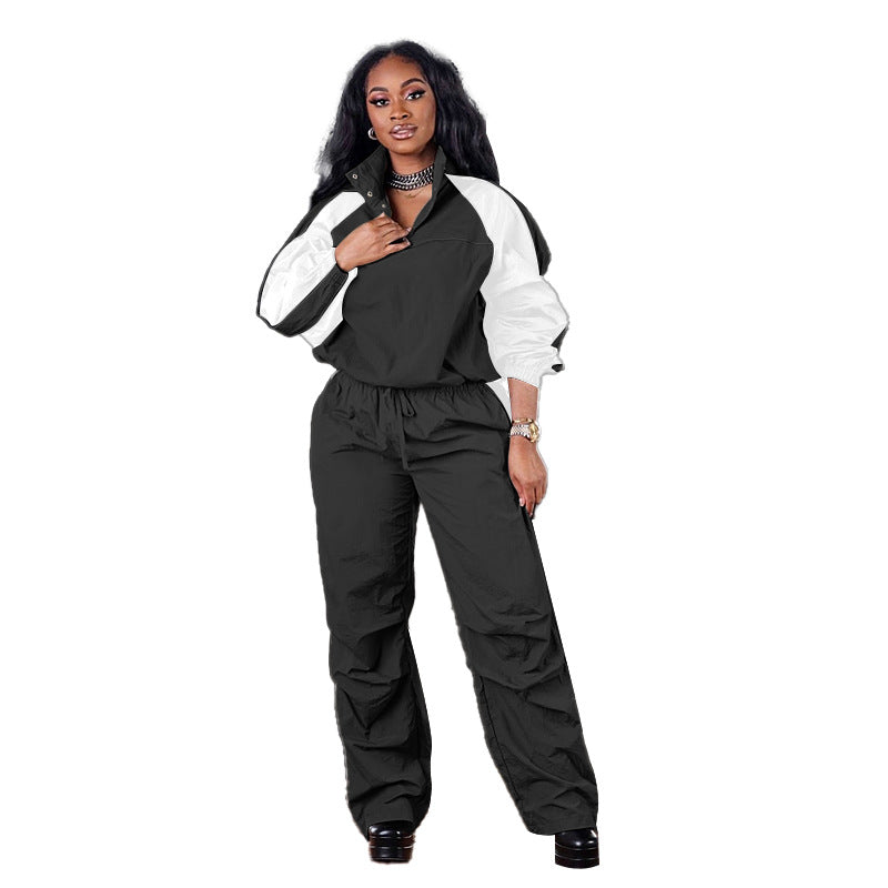 Stand-Collar Color Block - Matching Color Block Long Sleeves Windbreaker Two-Piece Set (7516863004760)