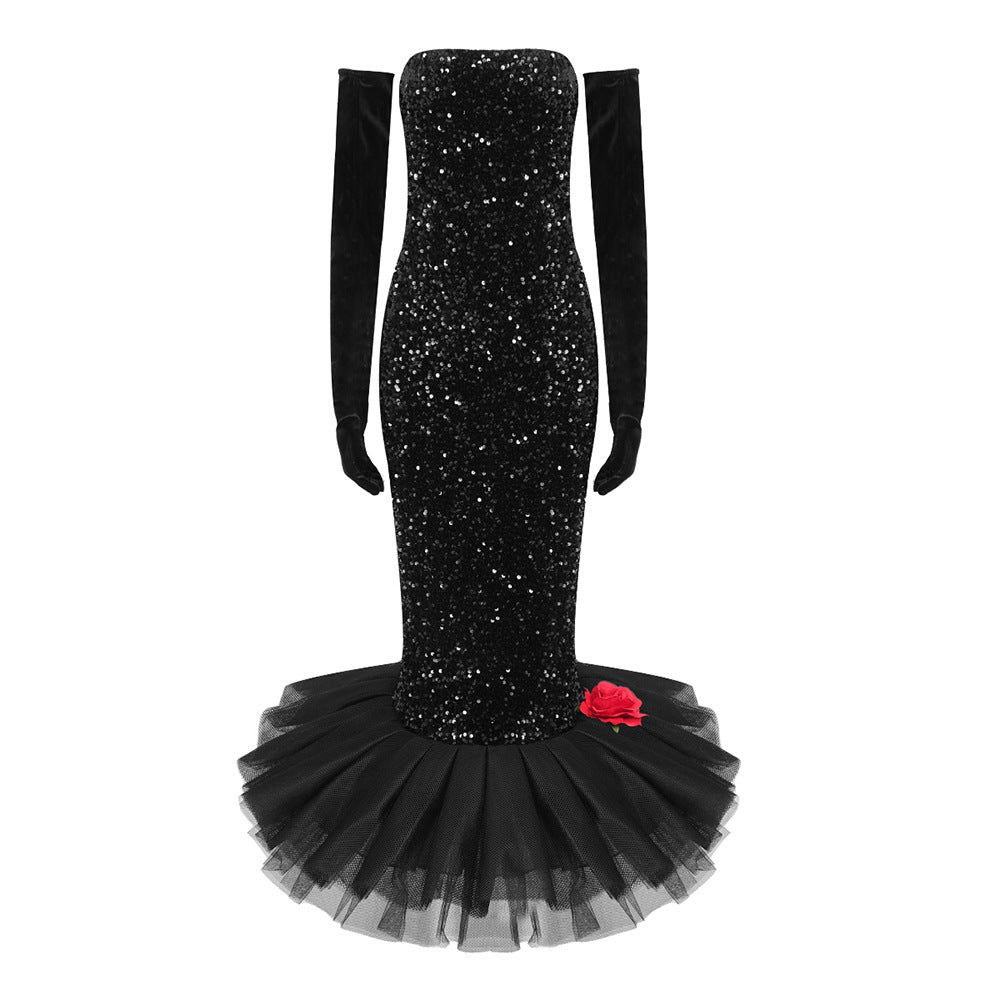 Pettiskirt Dress With Gloves - Sequins Black (7520612024408)
