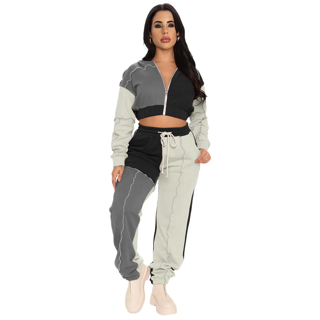 Multi-Fabric Zip-Up Hooded Stitching Sporty Two-Piece Set (7516840460376)