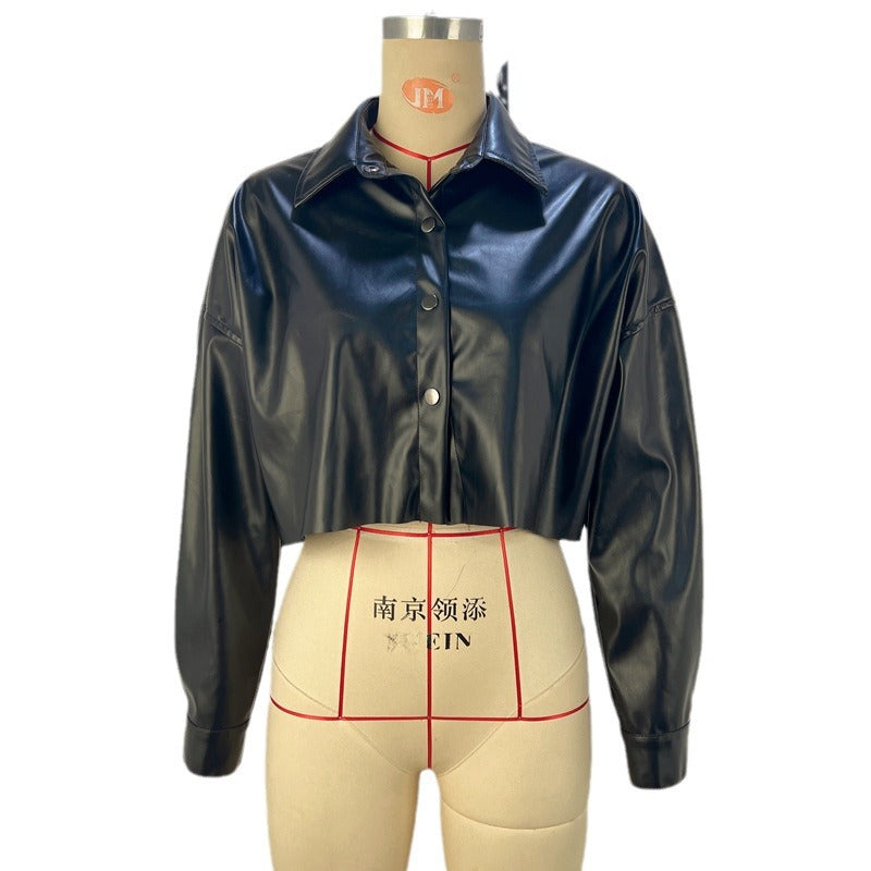 Solid Color Long Sleeves Faux Leather Cropped Batwing Shirt (7524302848088)