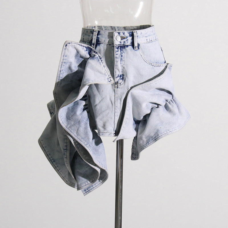 Ruffled Patchwork High-Waisted A-Line Denim Skirt (7519213224024)