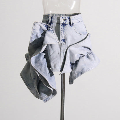 Ruffled Patchwork High-Waisted A-Line Denim Skirt (7519213224024)