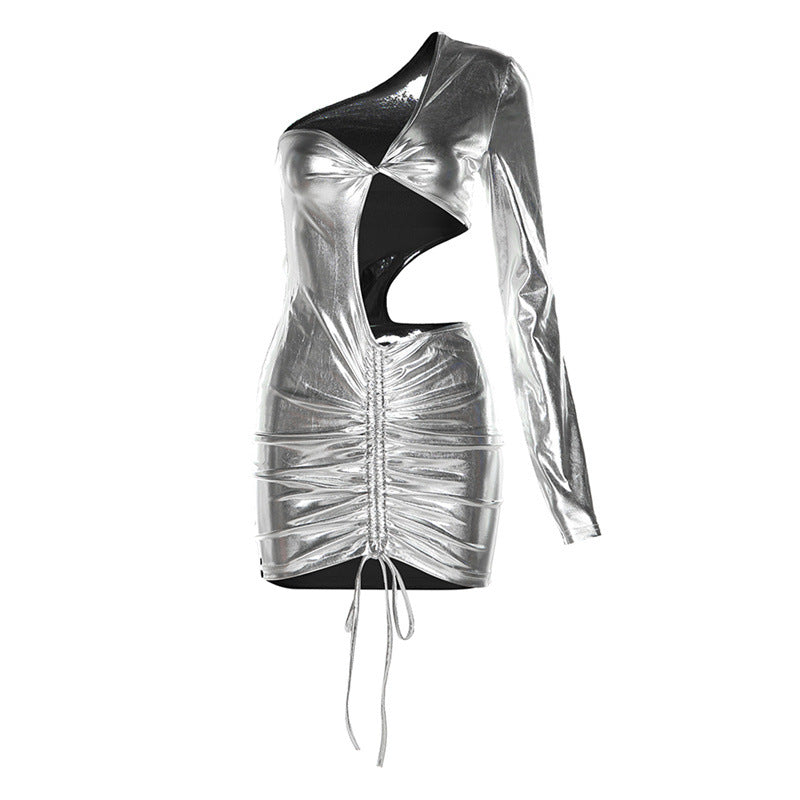 Metal Cut-Out Dress - Black/Silver/Blue One-Sleeve Hollow Out Cut-Out Metallic Color Dress (7517615292504)