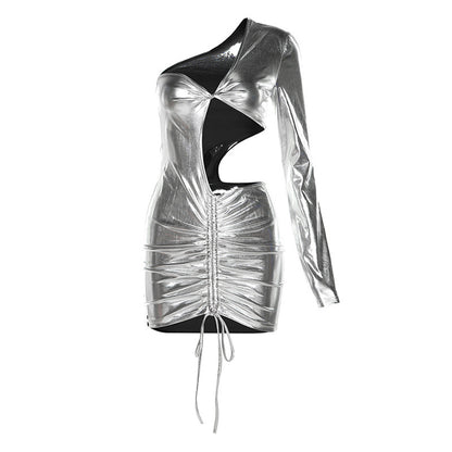 Metal Cut-Out Dress - Black/Silver/Blue One-Sleeve Hollow Out Cut-Out Metallic Color Dress (7517615292504)