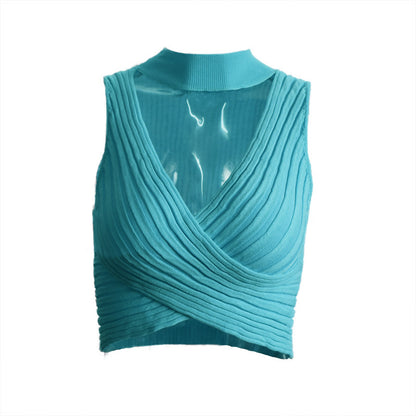Halter Knitted Criss-Cross Crop-Top