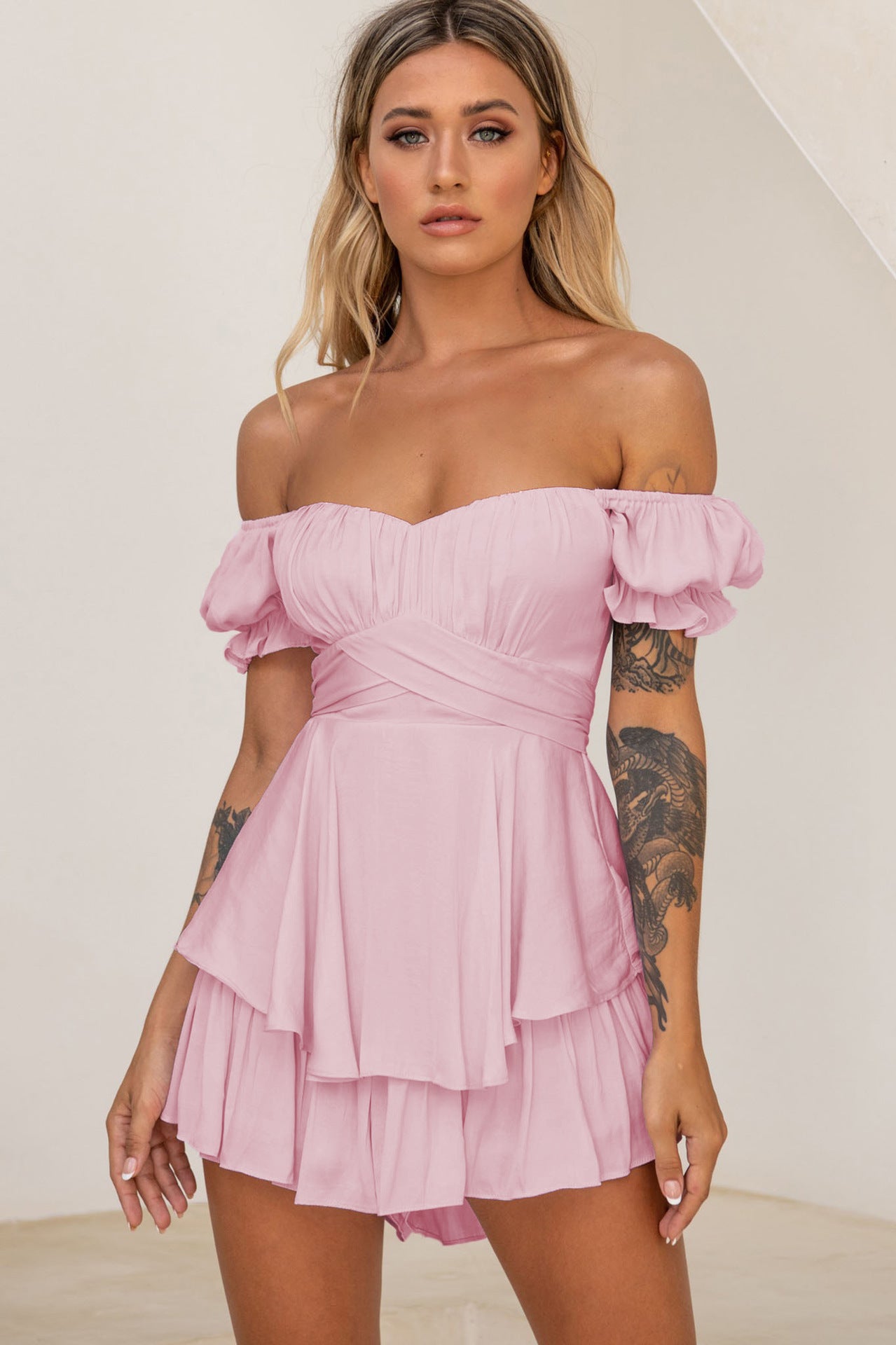 Solid Color Neck Lantern Ruffle Sleeves Romper