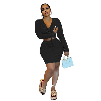 Cardigan Collared-Tied Skirt & Top Two-Piece Set