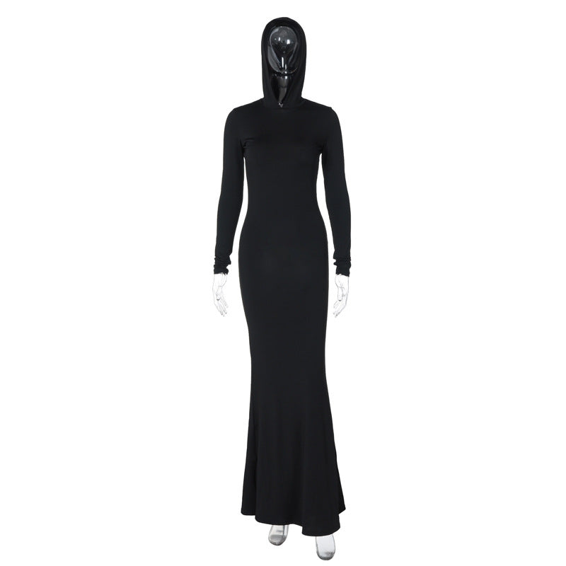 Slim-Fit Dress - Solid Color Hooded Long Sleeves (7516661874776)