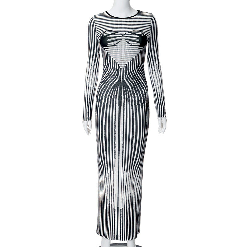 Long Sleeves Body Print Round Neck Dress