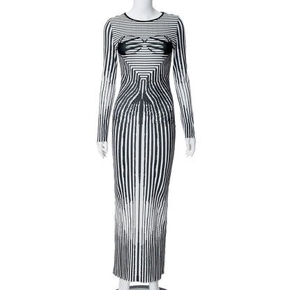 Long Sleeves Body Print Round Neck Dress
