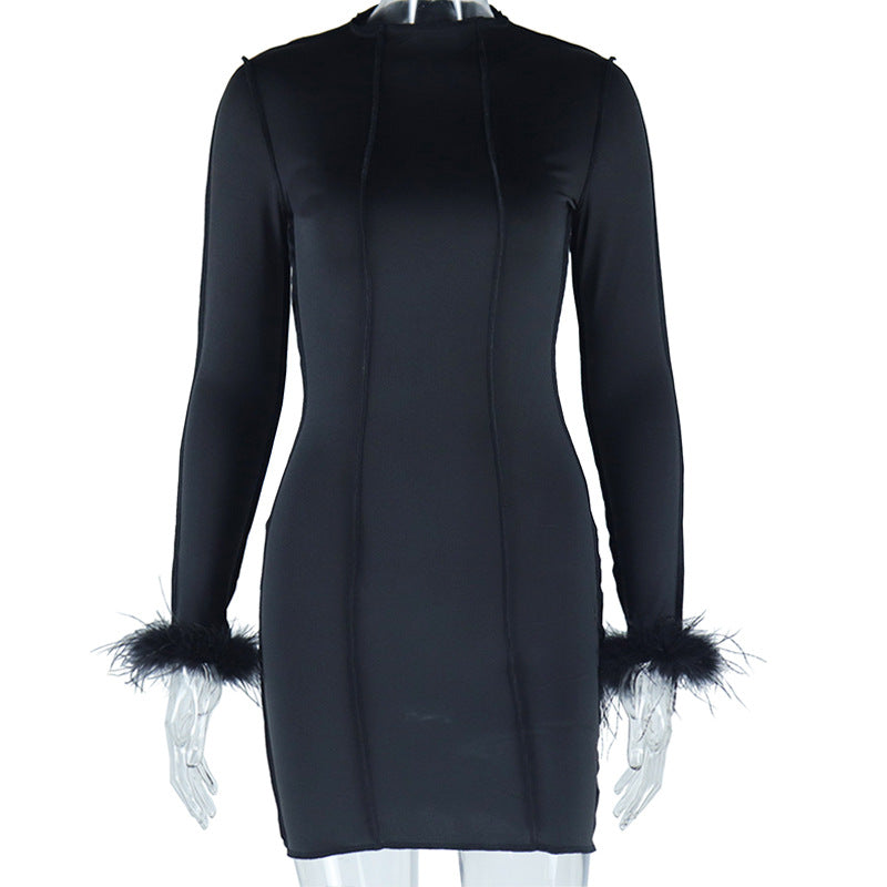 Solid Color Furry Long Sleeves Hip Dress