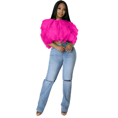 Puffy Petals Chiffon - Sleeveless Short Top (7518642896984)