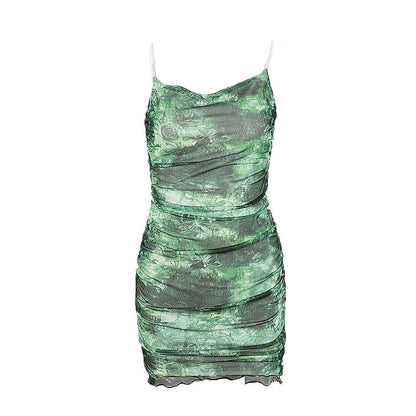 Printed Tie-Dyed Wooden Ear Sheath Dress