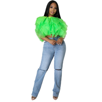 Puffy Petals Chiffon - Sleeveless Short Top (7518642896984)