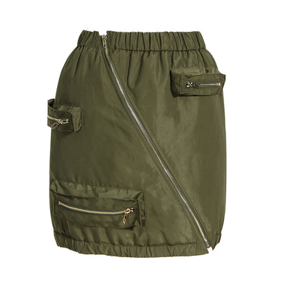 Zipper-Pockets Tooling Skirt & Jacket Two-Piece Set