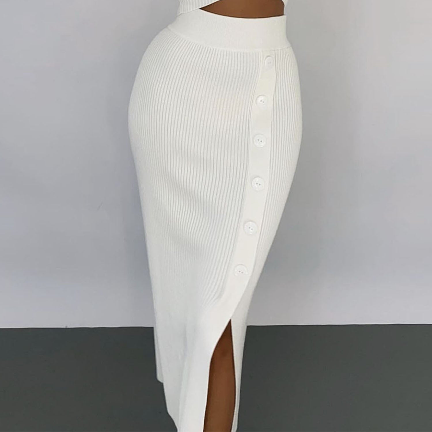 Woolen Slit Skirt & Plunge Sweater - Set (7518696177752)
