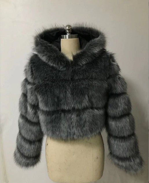 Faux Fox Fur Hooded Short Coat