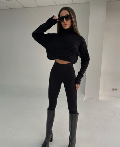 Solid Color Long Sleeves High-Waist Wool Two-Piece Set