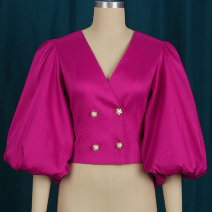 Professional Buttons - Button Cardigan Lantern Sleeve V-Neck Slim-Fit Shirt Top (7518642569304)