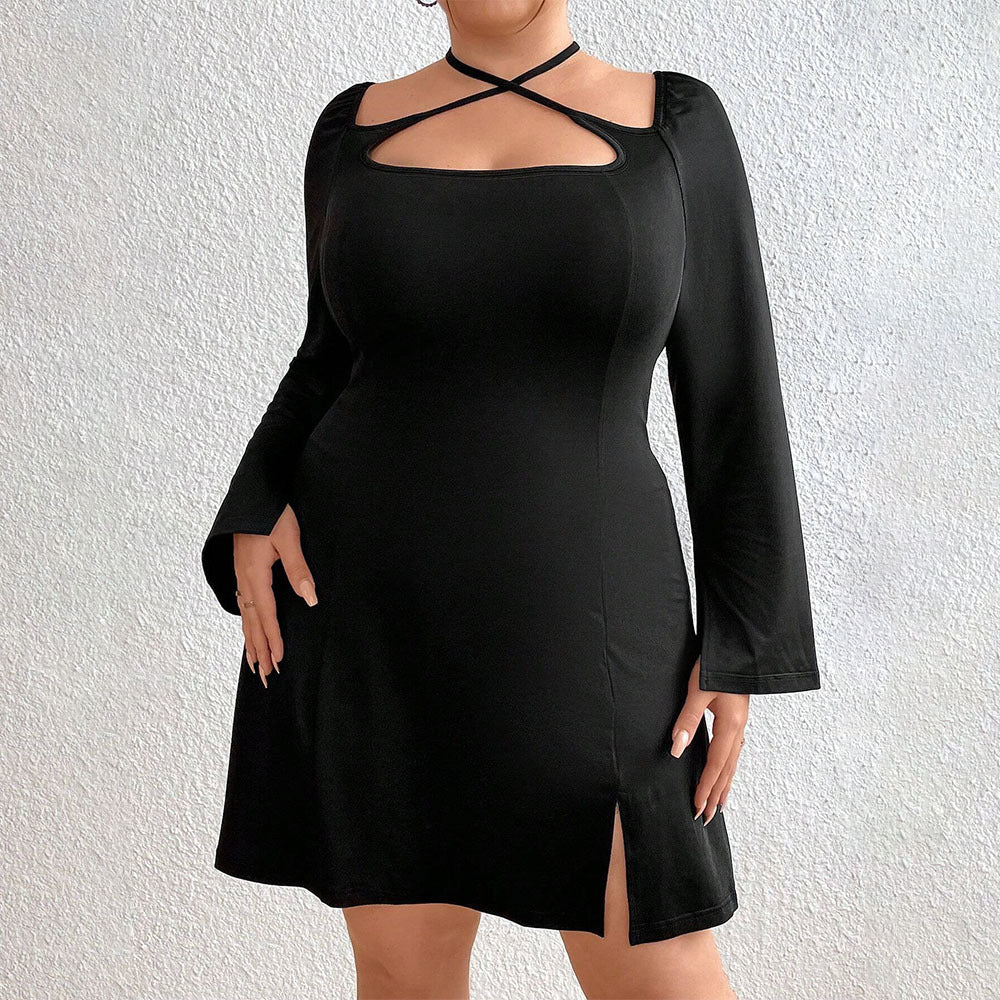 Plus-Size Long-Sleeves Tie-Back Tight Dress (7516664168536)