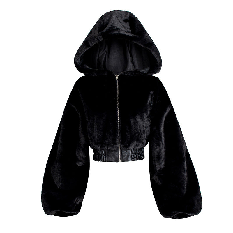 Plus-Size High-Waist Hooded Fur Coat Jacket