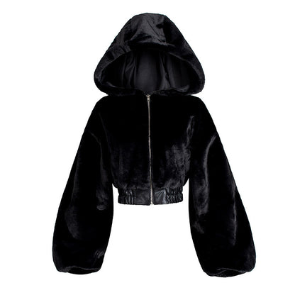 Plus-Size High-Waist Hooded Fur Coat Jacket