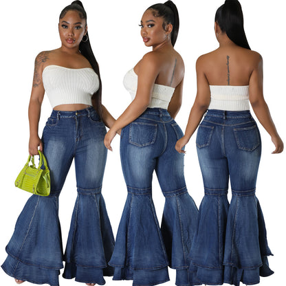 Flared Wide Leg Stretchy-Washed Denim Jeans (7524740628568)