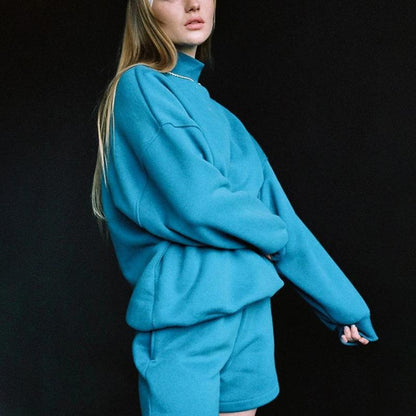 Turtleneck Long-Sleeves - Top Sports Shorts Two-Piece Set (7516838789208)