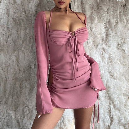 Solid Color Lace-Up Hollow-Out Tube-Top Mini Dress