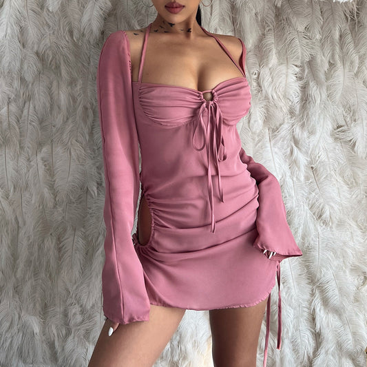 Solid Color Lace-Up Hollow-Out Tube-Top Mini Dress
