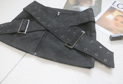 Faux Leather Belt Pairs Low-Waist Skirt