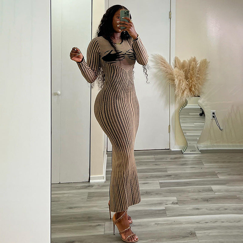Long Sleeves Body Print Round Neck Dress