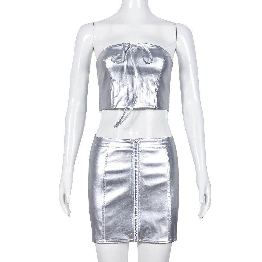 Metallic Cropped Lace-Up Elastic Hip Skirt Set (7517614407768)