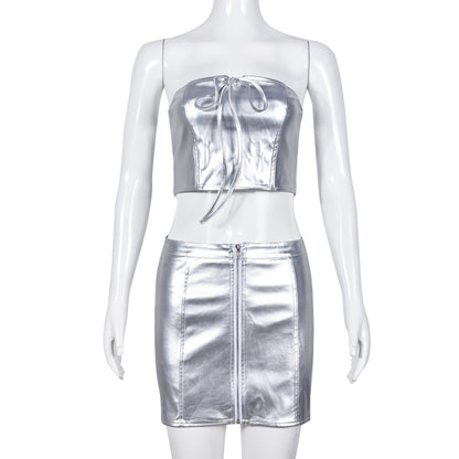 Metallic Cropped Lace-Up Elastic Hip Skirt Set (7517614407768)