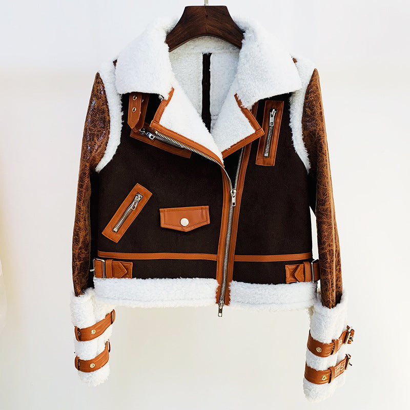 Winter Stars Oblique Zipper Fur Stitching Jacket (7524290363480)