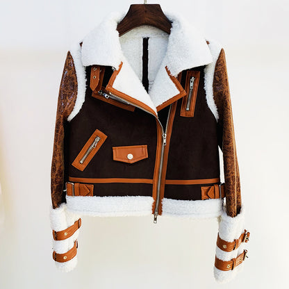 Winter Stars Oblique Zipper Fur Stitching Jacket (7524290363480)