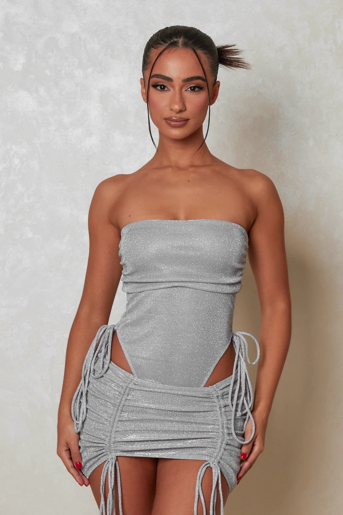 Slim-Fit Drawstrings & Lace Top & Skirt Set
