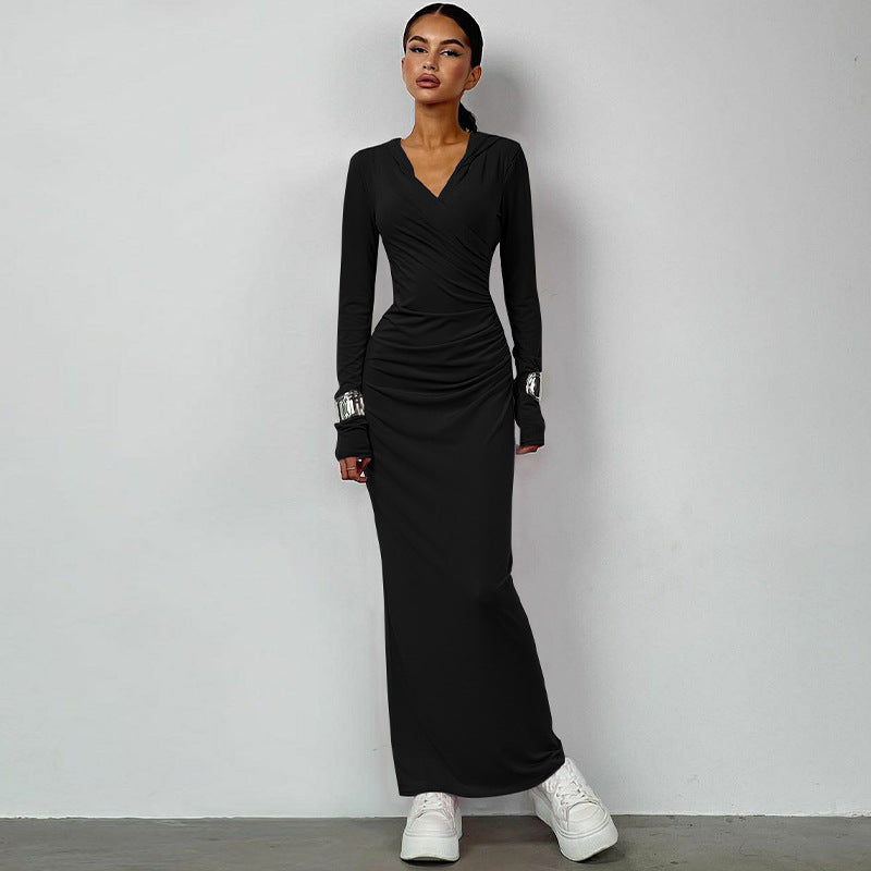Hooded Solid Color Slim-Fit Maxi Dress (7524754686040)