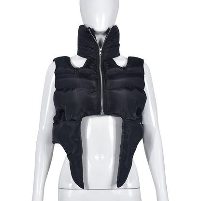 Cotton Padded Coat Stand Collar Zipper Sleeveless Cotton Filled Short Shipment Coat for Women (7524988092504)