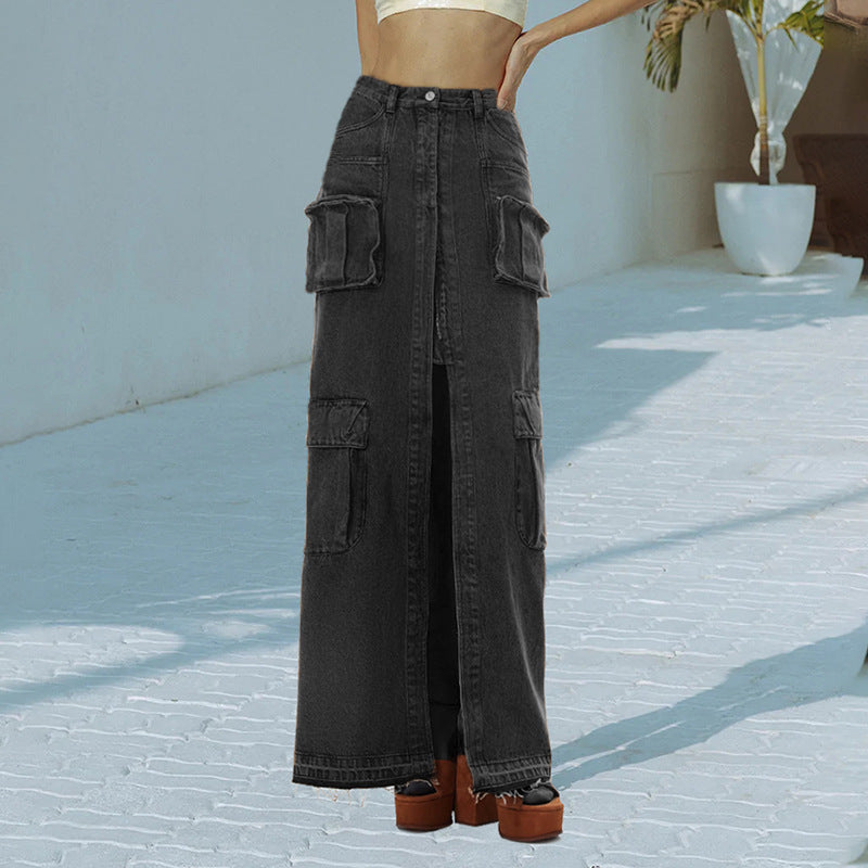 Solid Color High-Waist Front Slit Denim Skirt (7522341978200)