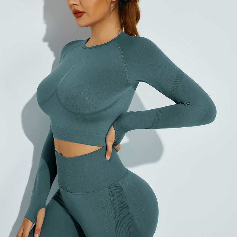 Seamless Knitted High Elastic Long Sleeves High-Waist Yoga Set