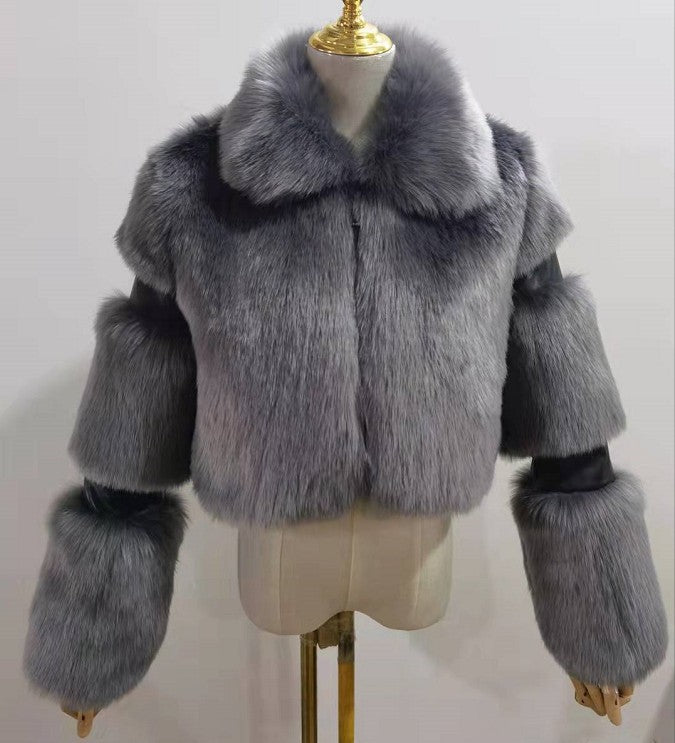 Patchwork Collared Haining Faux Fur Coat