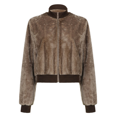 Maillard Thickened Fur Stand-Collar Zipper Coat