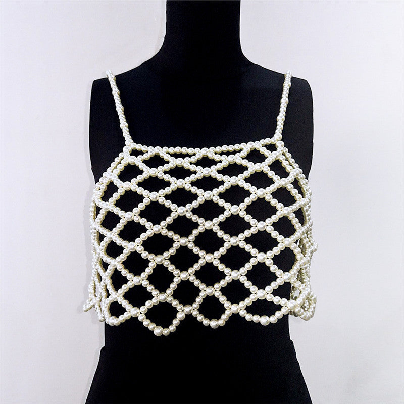 Pearl Hollowed-Out Vest Style Cropped Crop-Top (7517781426264)